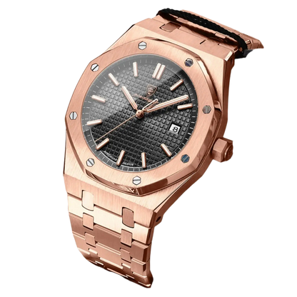 Poedagar 610 luxury men's watch with rose gold stainless steel band and black textured dial, water-resistant and elegant design.