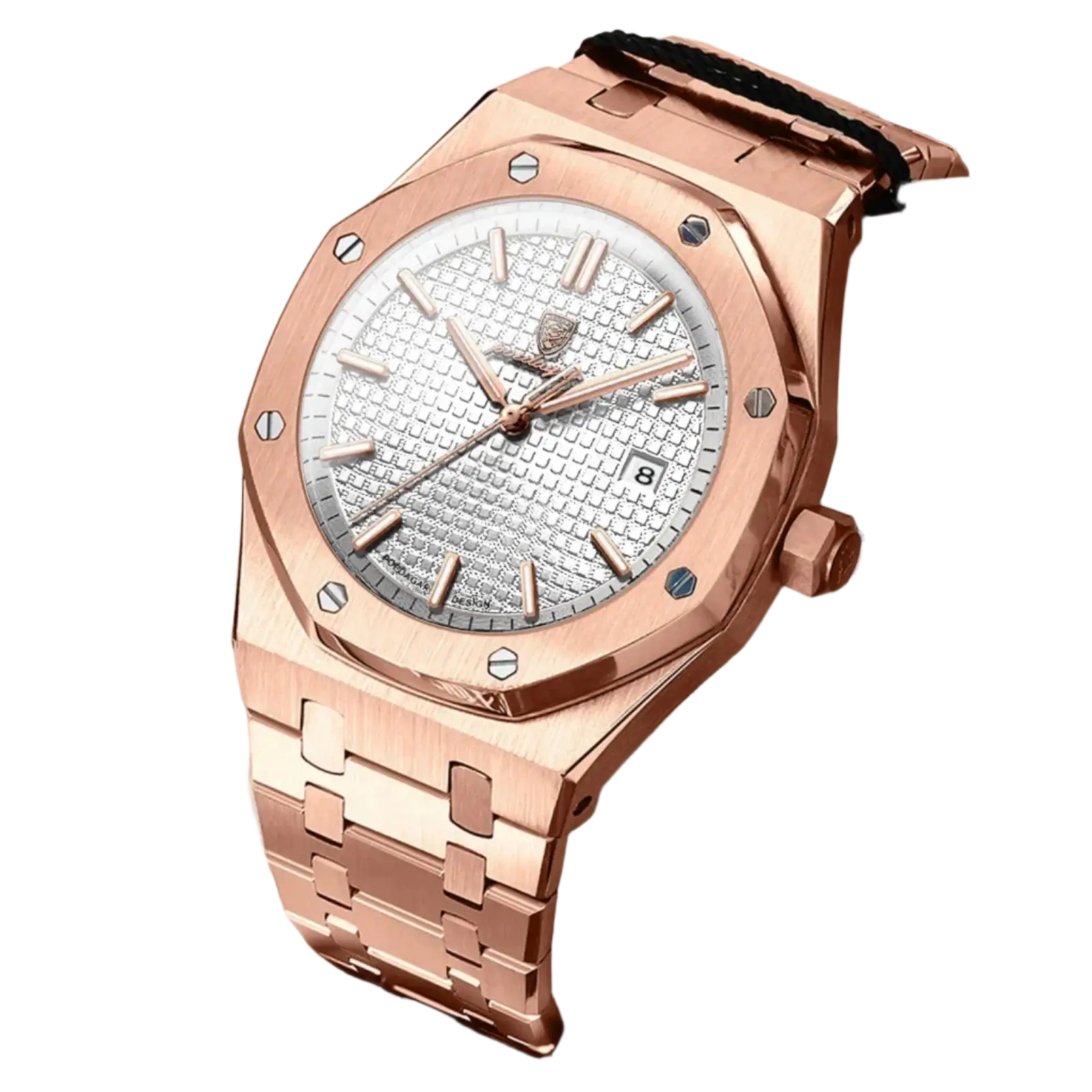 Poedagar 610 luxury waterproof men's watch with rose gold case and silver dial, water resistant and glow in the dark features.