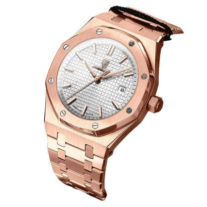 Poedagar 610 luxury waterproof men's watch with rose gold case and silver dial, water resistant and glow in the dark features.