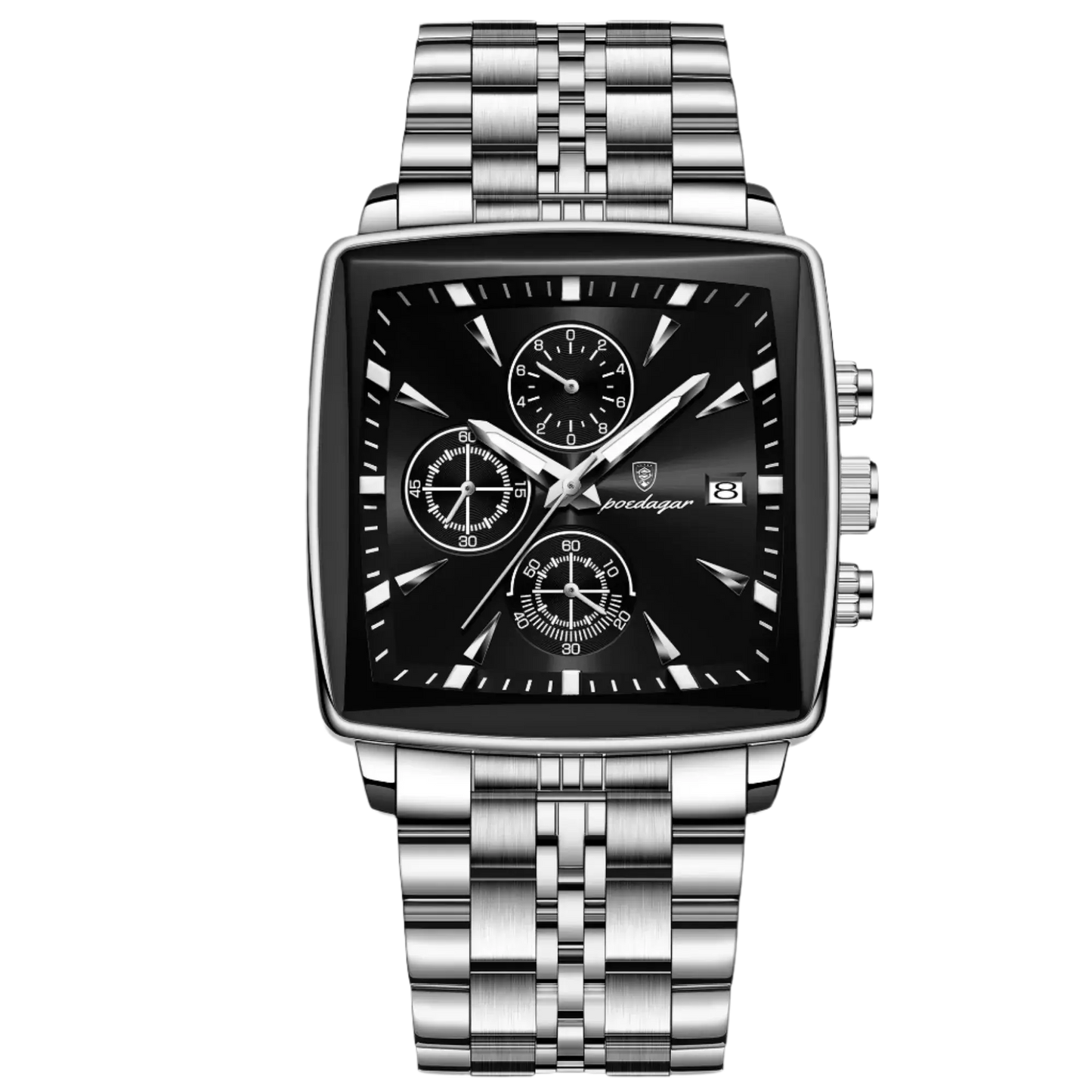 Poedagar 866 luxury waterproof men's watch with black dial and silver stainless steel band, featuring chronograph functions.