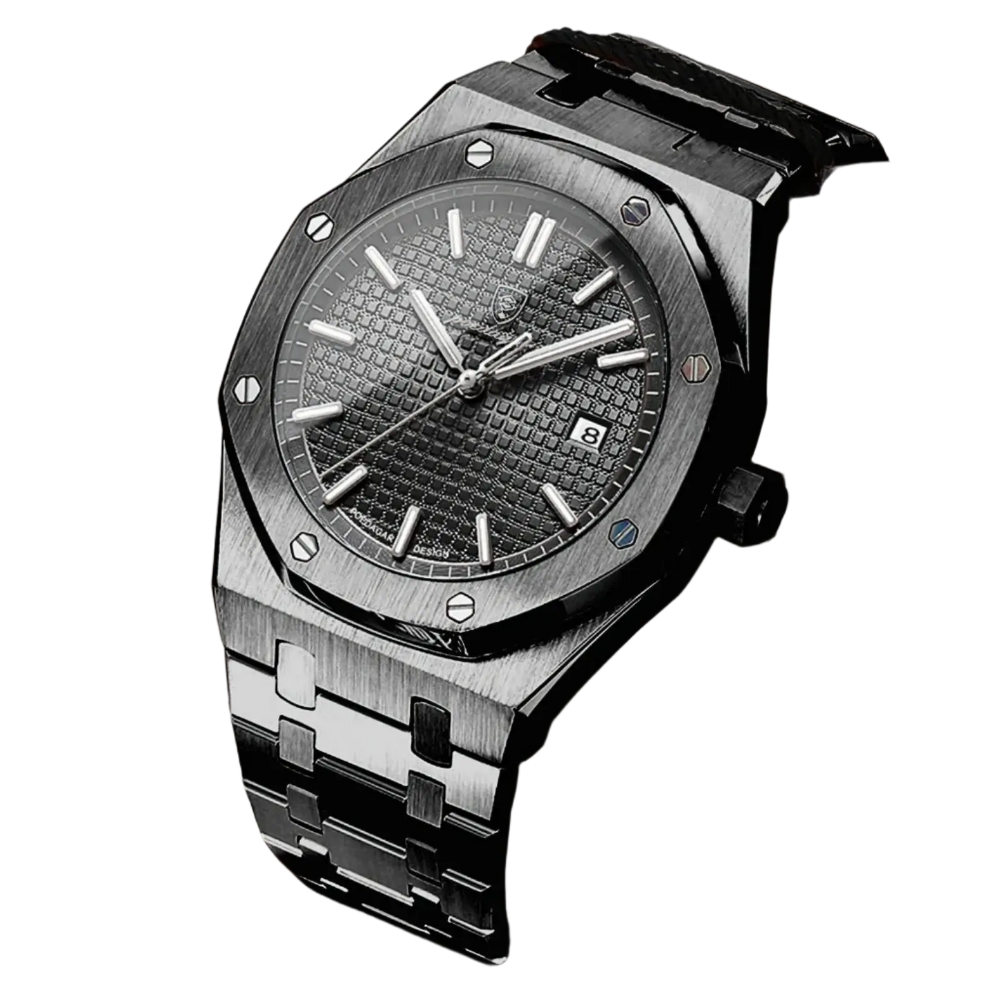 Poedagar 610 Luxury Waterproof Men Watch featuring a textured black dial and stainless steel band.