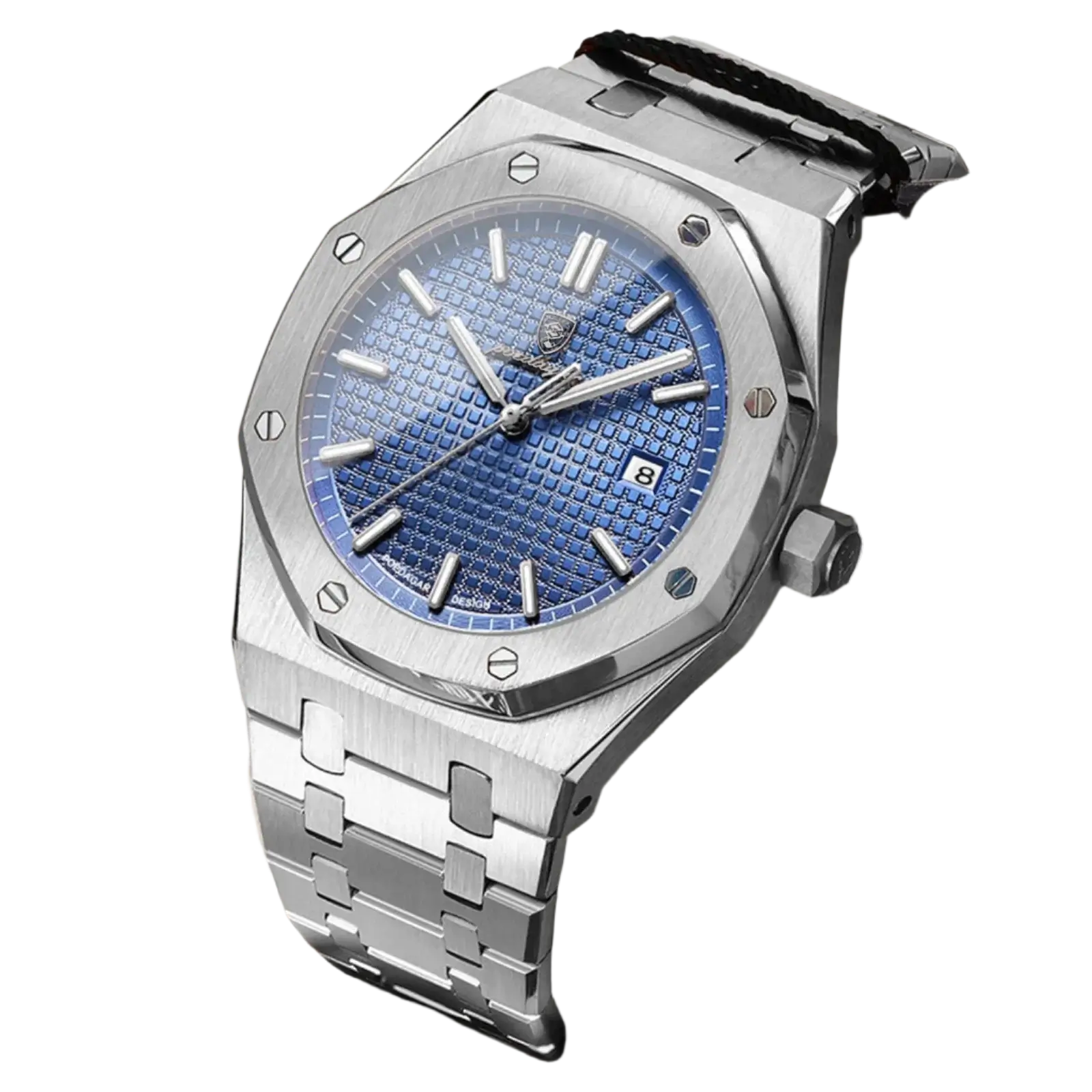 Poedagar 610 luxury waterproof men watch with blue dial and stainless steel strap, features glow in the dark functionality.