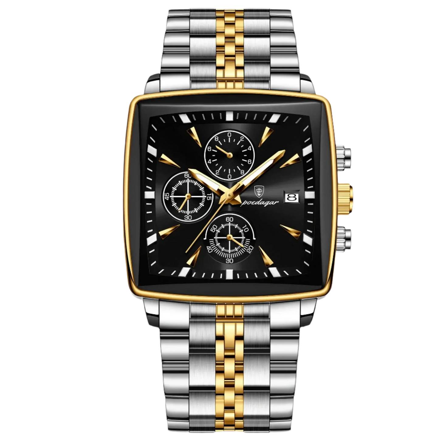 Poedagar 866 luxury waterproof men's watch with black dial and gold accents, includes chronograph features and stainless steel band.