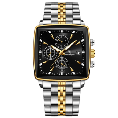 Poedagar 866 luxury waterproof men's watch with black dial and gold accents, includes chronograph features and stainless steel band.