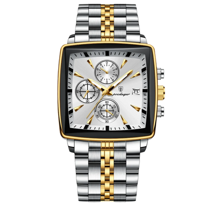 Poedagar 866 luxury waterproof men's watch with silver and gold design, featuring three chronograph subdials.