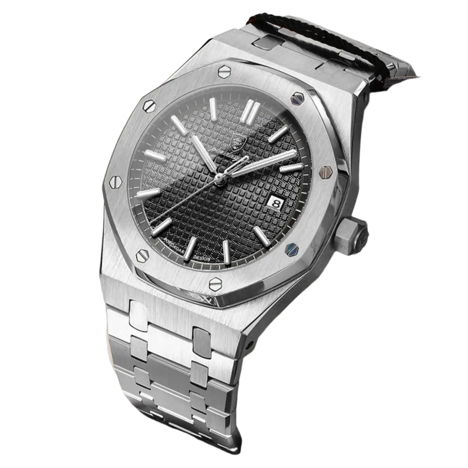 Poedagar 610 Luxury Waterproof Men Watch with black textured dial and stainless steel bracelet.