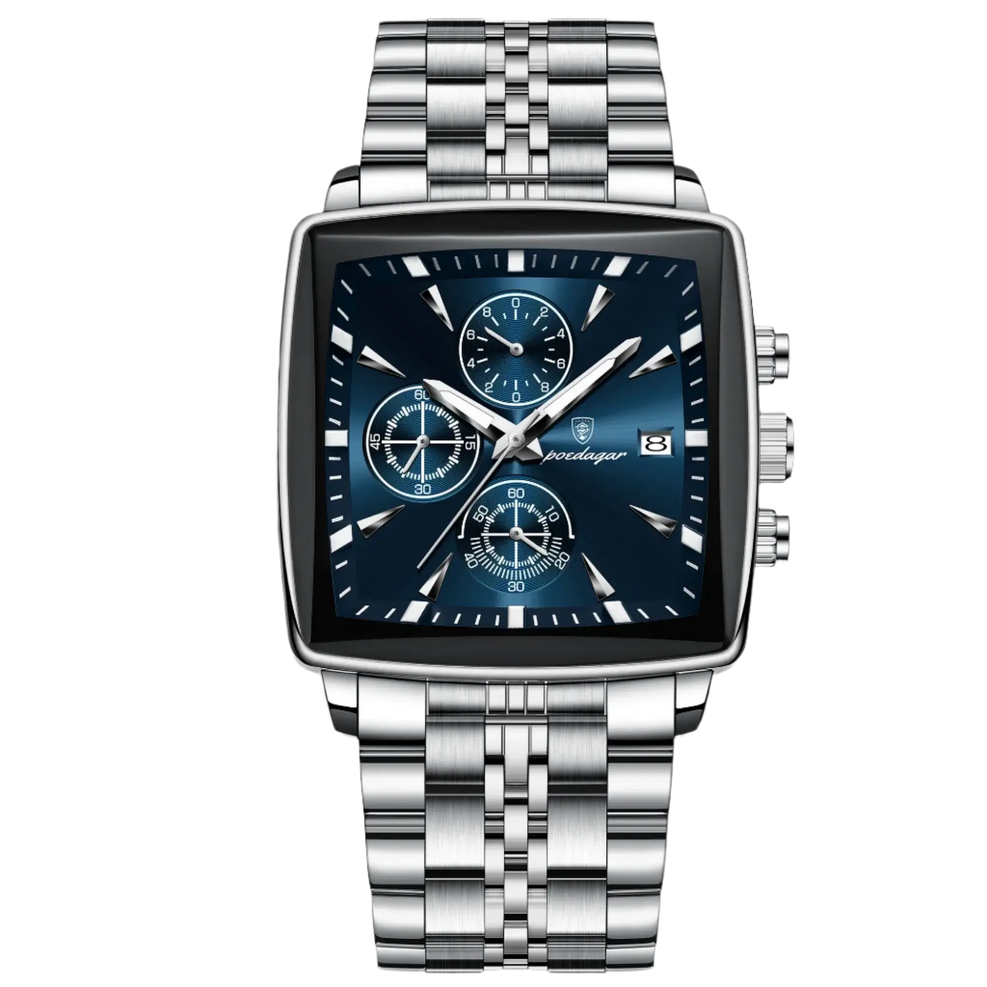 Poedagar 866 luxury waterproof men's watch with blue dial and silver bracelet, featuring chronograph functions.