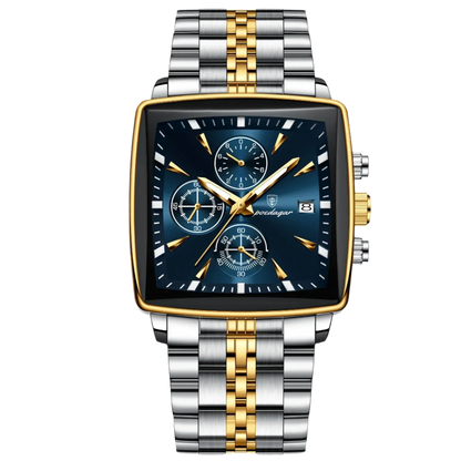 Poedagar 866 luxury waterproof men watch with blue dial and gold striped stainless steel band