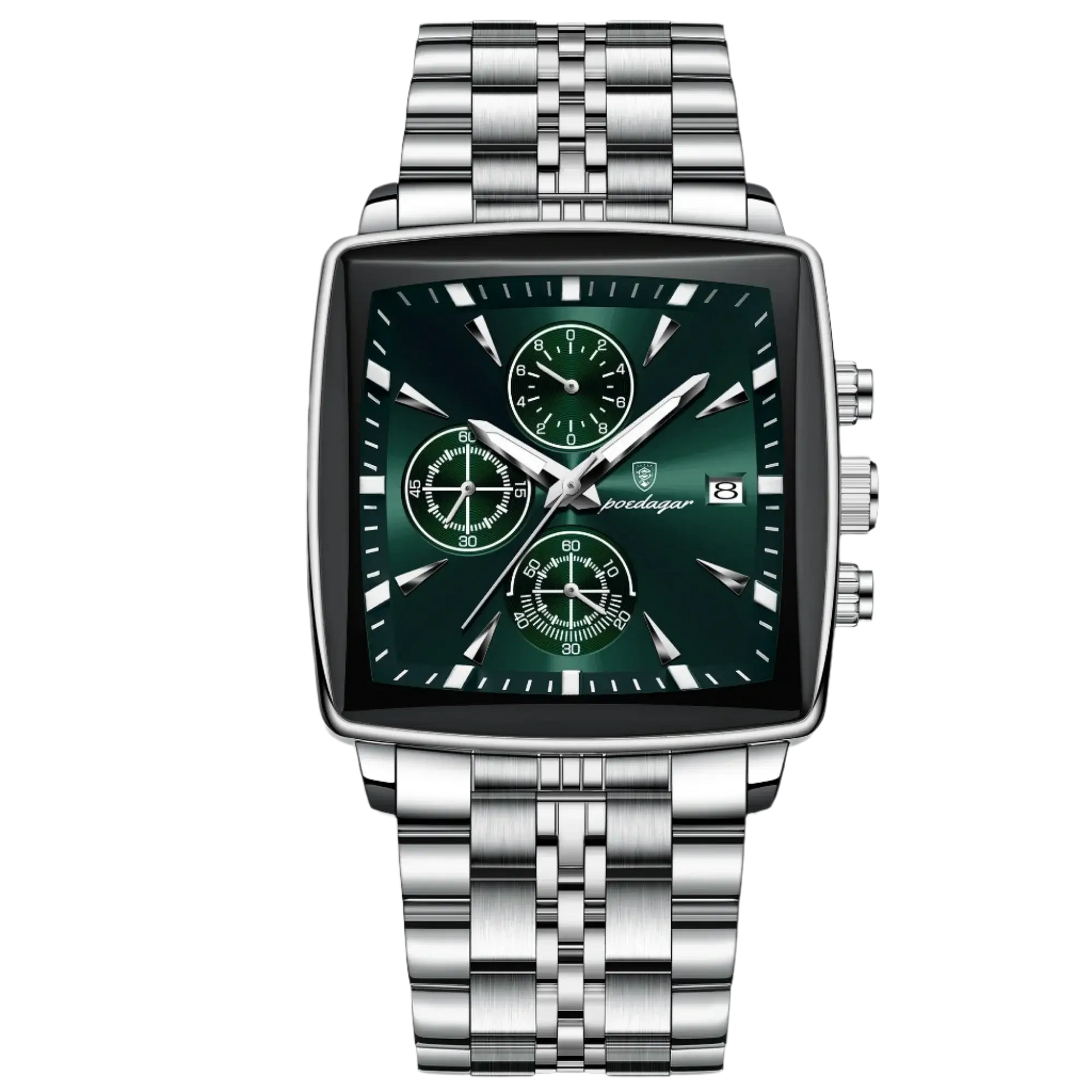 Poedagar 866 luxury waterproof men's watch with dark green dial and stainless steel bracelet.