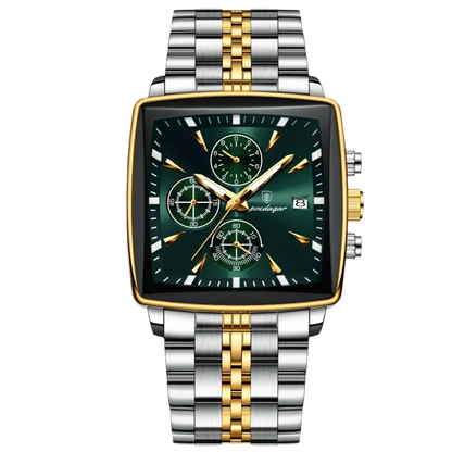 Poedagar 866 luxury waterproof men watch with green dial, silver and gold stainless steel band.